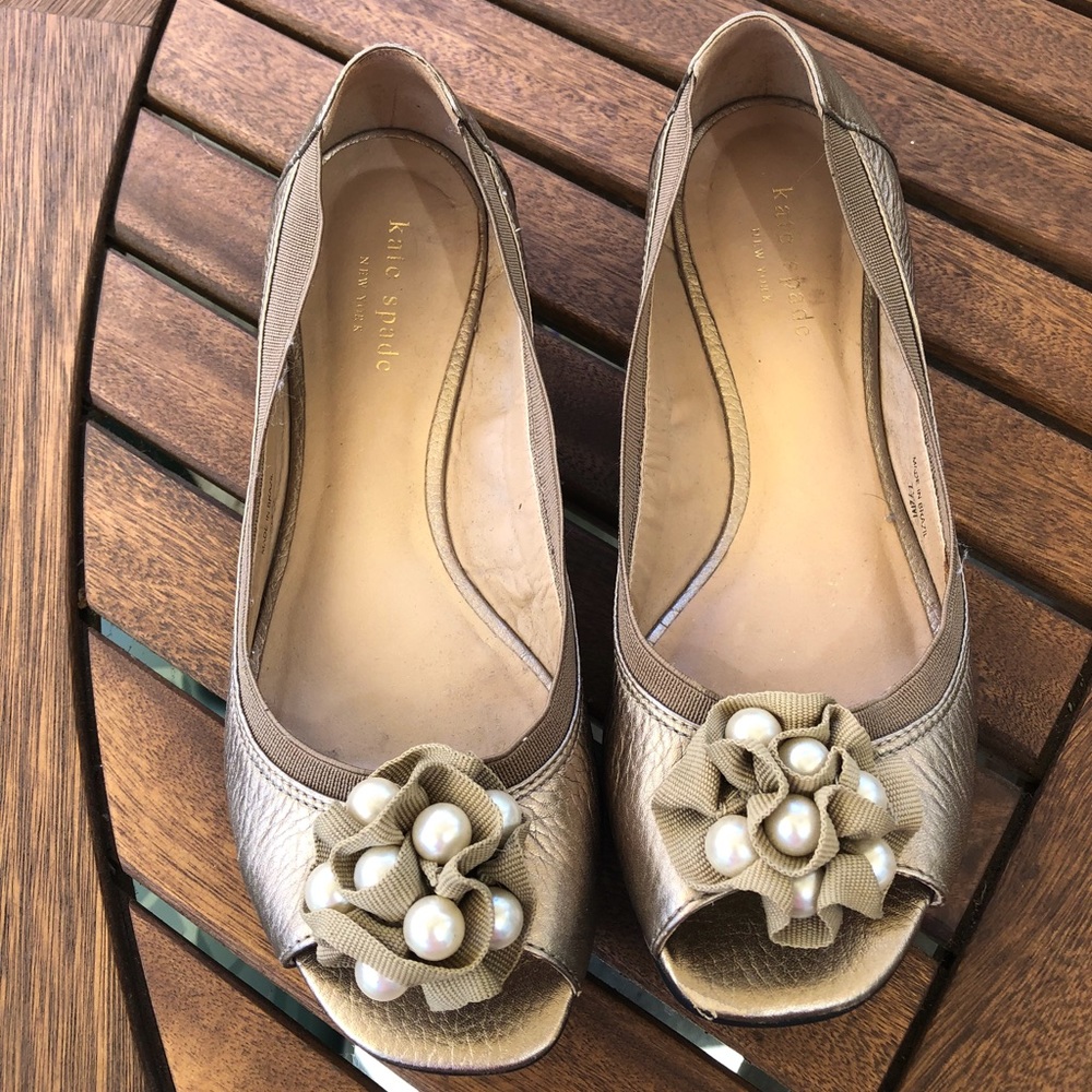 Kate Spade Gold Flats with Pearl Flowers